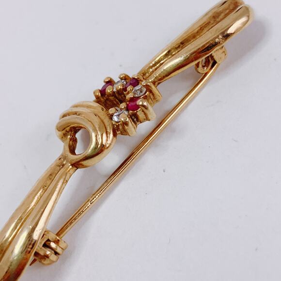 Vintage Heart Ribbon Pin JC Signed Mid Century Gold Filled Bar Brooch Red Ruby - Picture 12 of 12